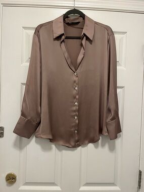 Silky Button-Front Women’s Blouse in Taupe